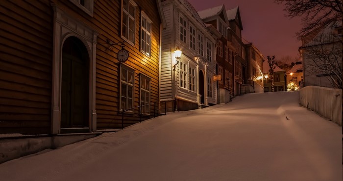 Snowy Night in a Quiet Norwegian Town