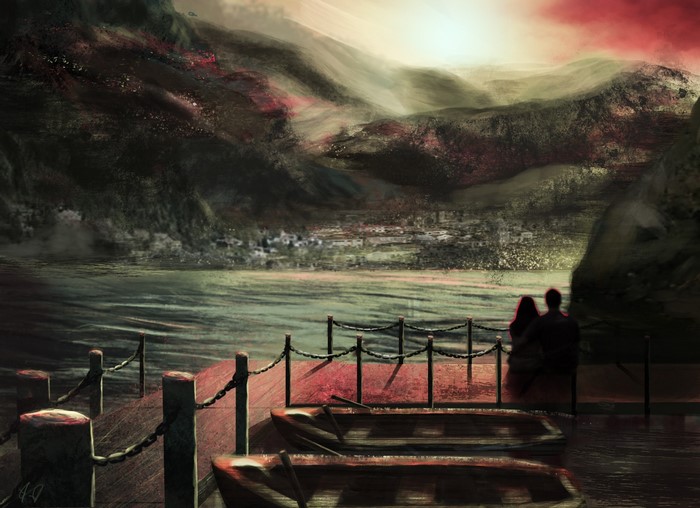 Couple on a dock overlooking a surreal landscape