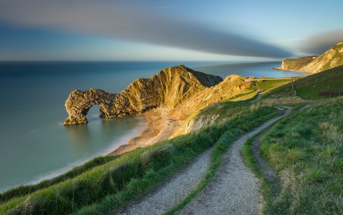 Durdle Door, England Coastline with Path and Sea