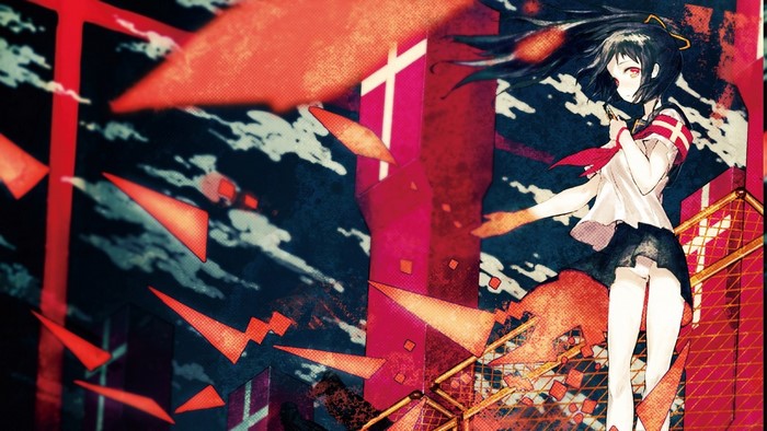 Anime girl in school uniform with abstract red shapes