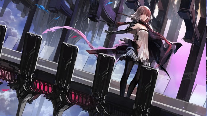 Anime girl with pink scarf on futuristic platform