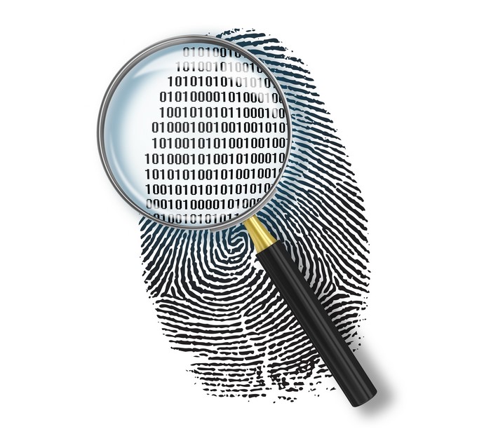 Magnifying Glass Revealing Binary Code on Fingerprint