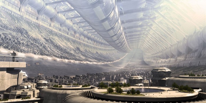 Science fiction animation art of a space station city