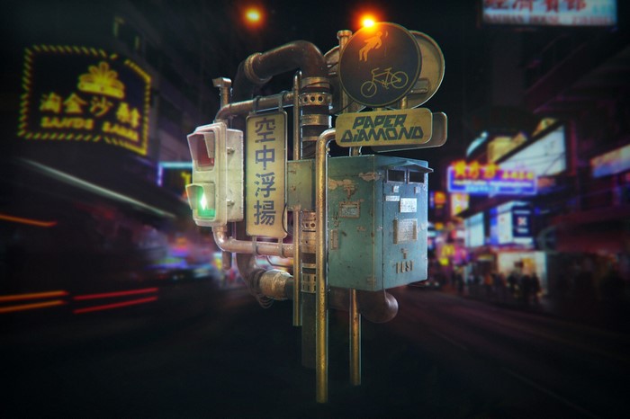 3D CG street signs in a Japanese or Chinese night city