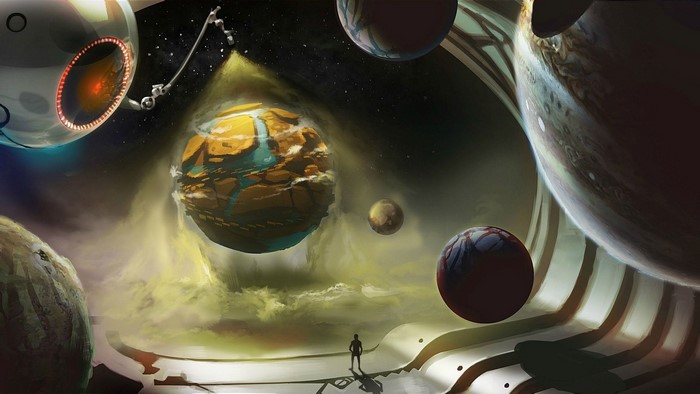 Sci-fi space scene with planets and a lone figure