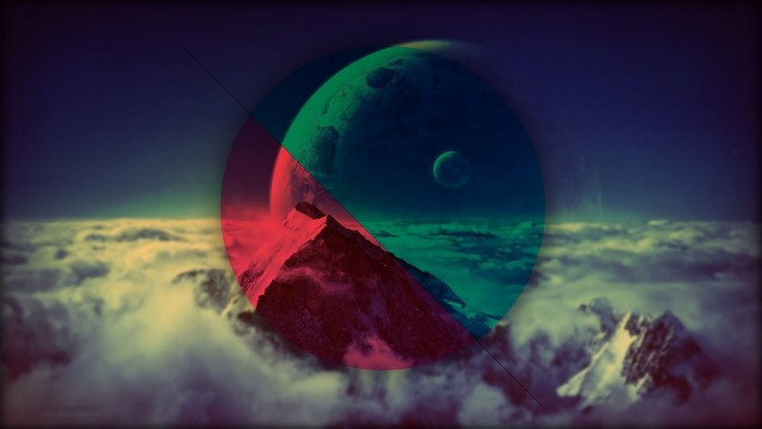 Abstract circle over mountain and clouds with planets