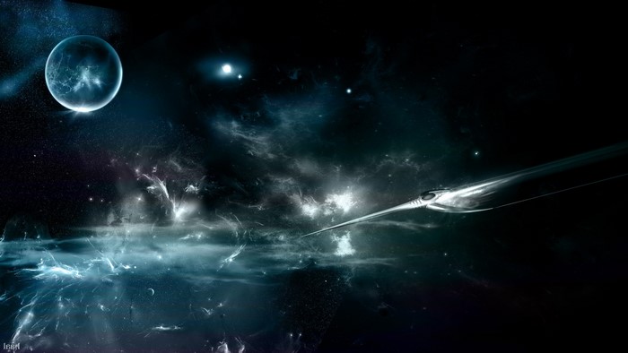 Alien spaceship in a nebula with a planet