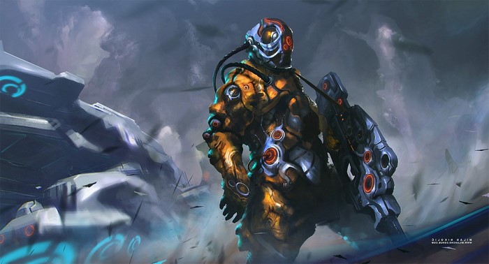 Cyborg soldier with spaceship wreckage