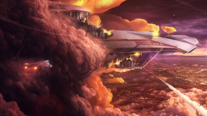 Spaceship and city in clouds at sunset
