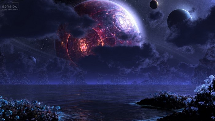 Futuristic alien planet with rings and moons