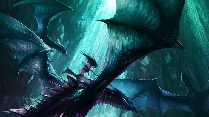 Fantasy art of a girl riding a dragon