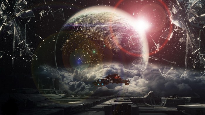 Spaceship near planet with broken glass