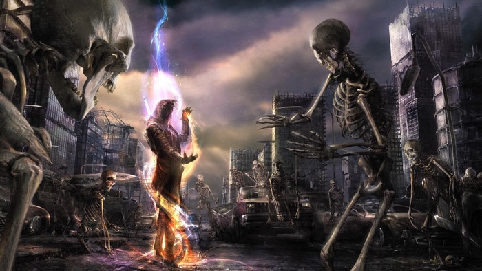 Fantasy art of a sorcerer battling skeletons in a ruined city
