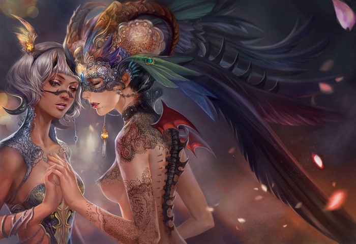 Two women in fantasy attire with masks and tattoos