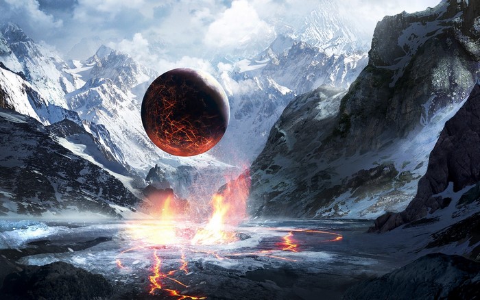 Fantasy planet artwork over snowy mountains and lava lake