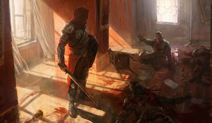 Warrior with sword and shield in a bloody room