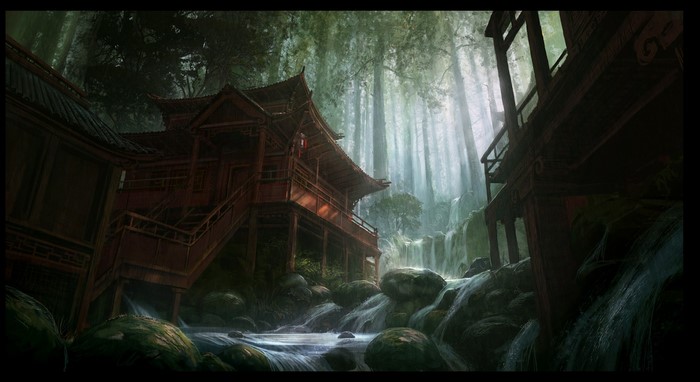 Fantasy Asian architecture in a misty forest with waterfalls