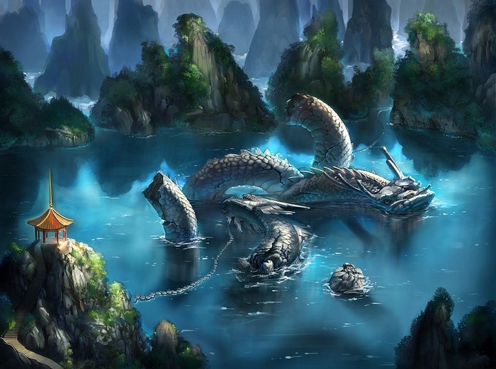 Fantasy art of a dragon in a lake with mountains