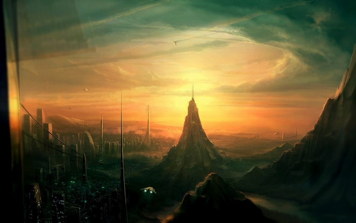 Futuristic city with towering spires at sunset