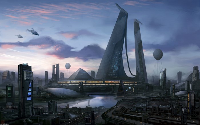 Futuristic city skyline with flying vehicles