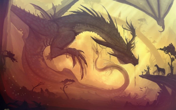 Fantasy art of a dragon with deer and birds