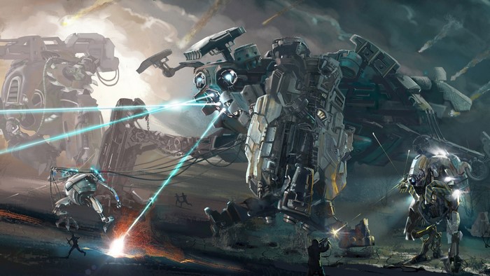 Artwork of mechs and robots in a war