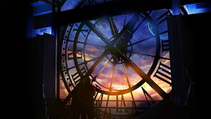 Fantasy Clock Tower with Cosmic Sunset View