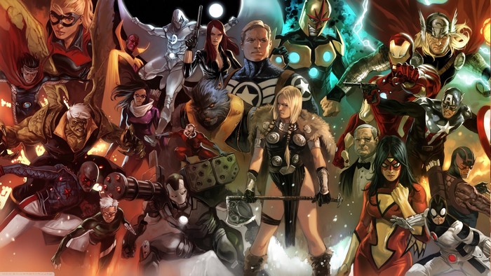 Marvel Comics characters including Iron Man, Captain America, Thor, Hulk, Black Widow, Vision, Spider-Woman, Nova, and Moon Knight.