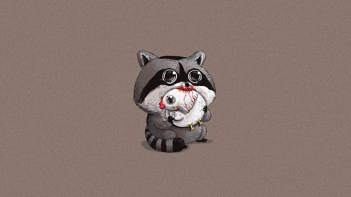 Cartoon raccoon eating a bloody chicken