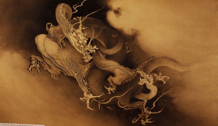 Two Chinese dragons in clouds, fantasy art