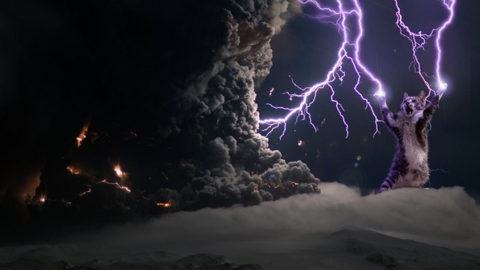 Cat channeling lightning during volcanic eruption