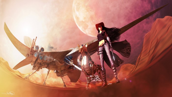 Steampunk woman and mechanical dog with futuristic aircraft