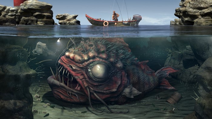 Giant Creature Underwater with Boat Above
