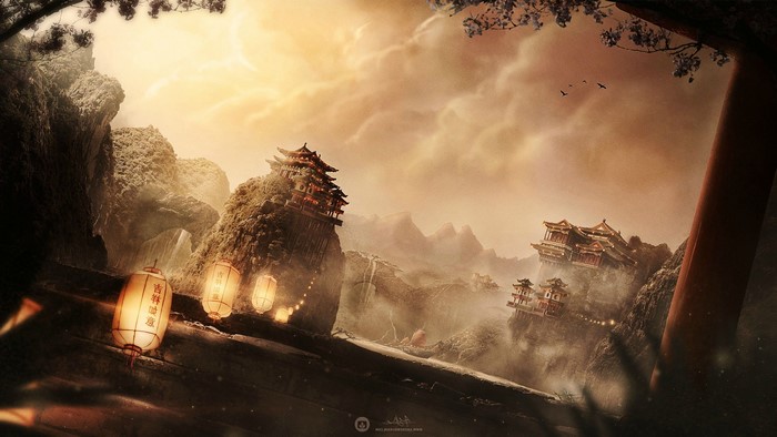 Digital art of Chinese architecture in mountains