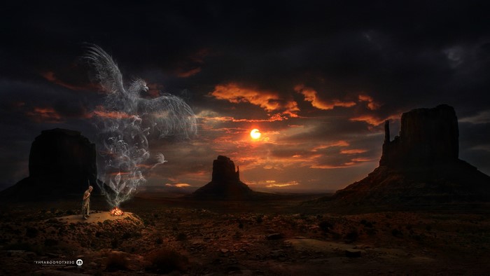Sunset with Ethereal Eagle Over Mountain Landscape