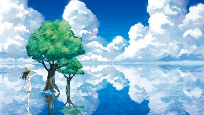 Anime girl and trees reflected in water under clouds
