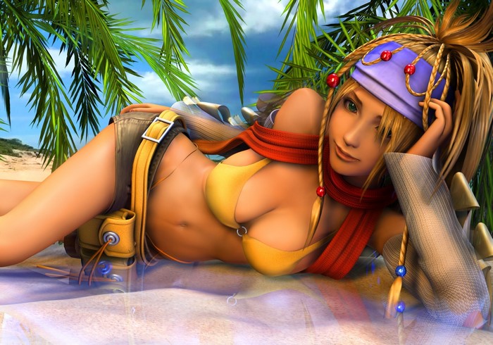 Rikku from Final Fantasy X lying on a beach