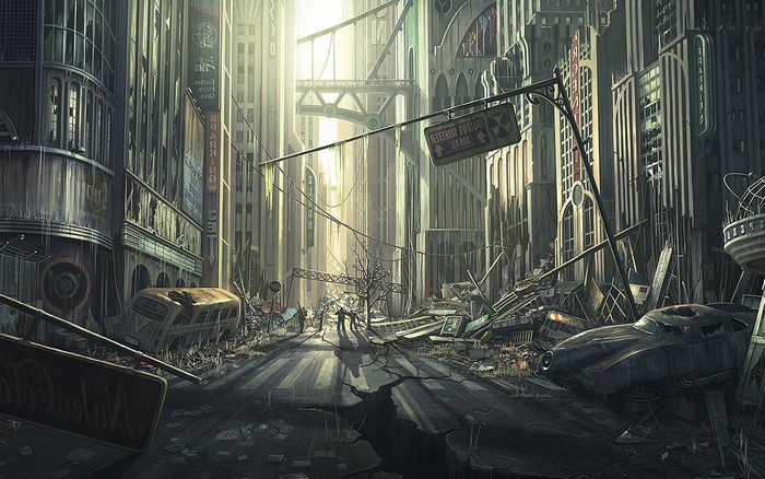 Artwork of a post-apocalyptic city from Fallout 3