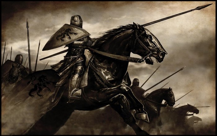 Knights on horseback with spears and shields