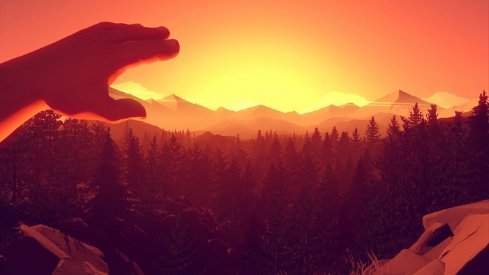 Firewatch video game screenshot with hand obscuring sun