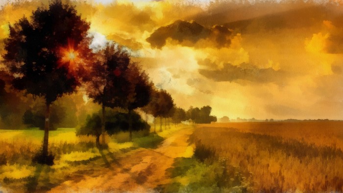 Artwork of a tree-lined path at sunset