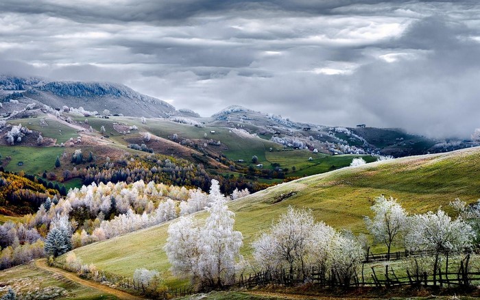 Frosty mountain landscape with autumn trees and clouds