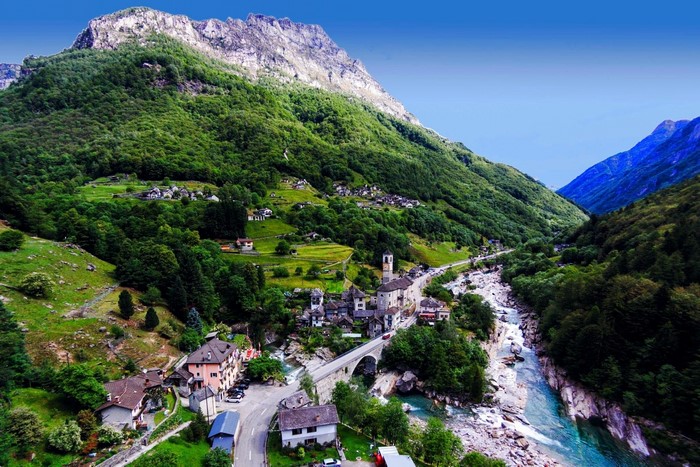 Scenic Mountain Town and River in Switzerland