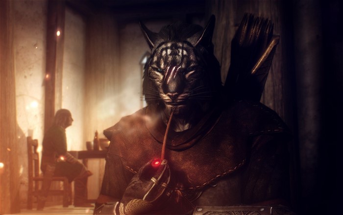 Khajiit from The Elder Scrolls V Skyrim smoking pipe