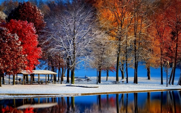 Colorful Fall Trees with Snow by the Water