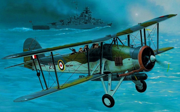 Biplane attacking the Bismarck battleship