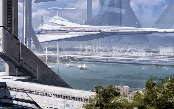 Science fiction cityscape with futuristic vehicles
