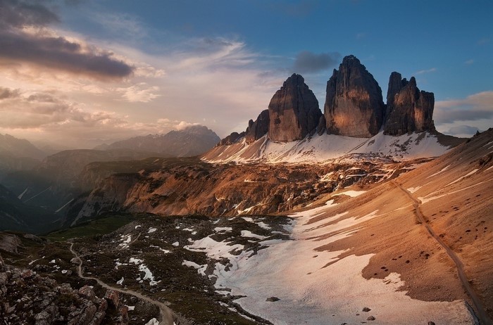 Tre Cime di Lavaredo mountains at sunrise, Dolomites, Italy