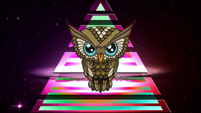 Stylized Owl on Colorful Pyramid in Space