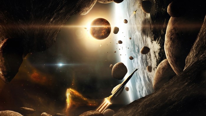 Rockets in asteroid field near planet and sun